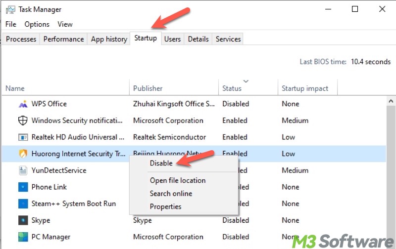 disable startup item in Task Manager on Windows