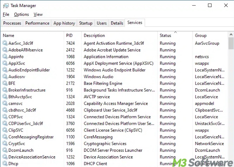Services tab in Task Manager on Windows