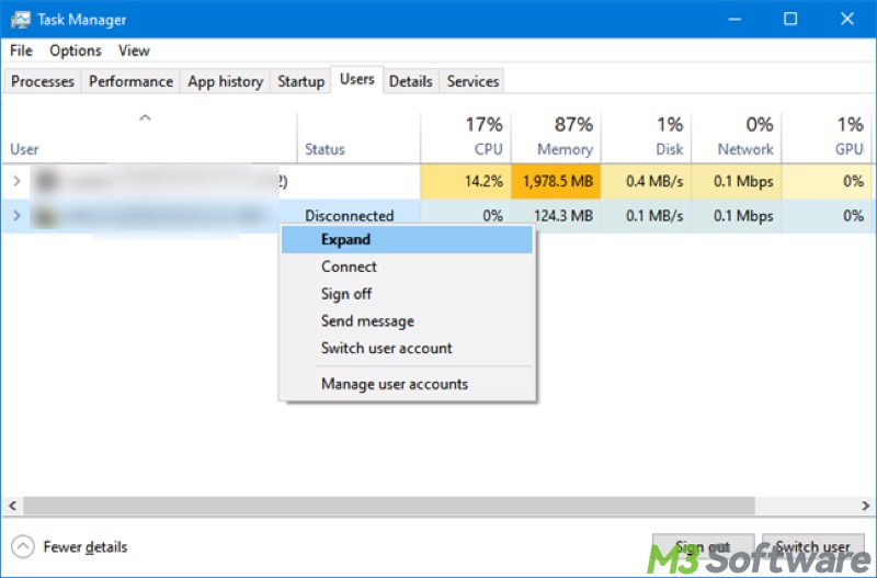 Users tab in Task Manager on Windows