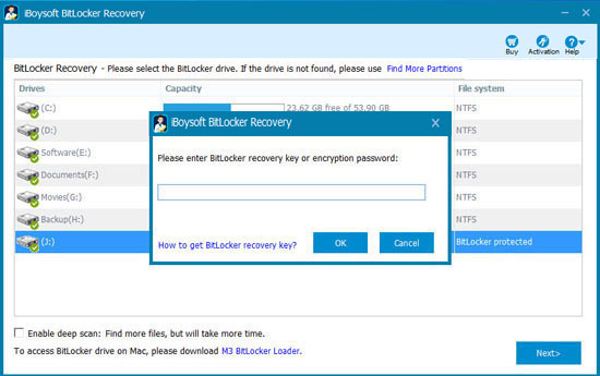 Enter password to decrypt data from inaccessible BitLocker encrypted drive