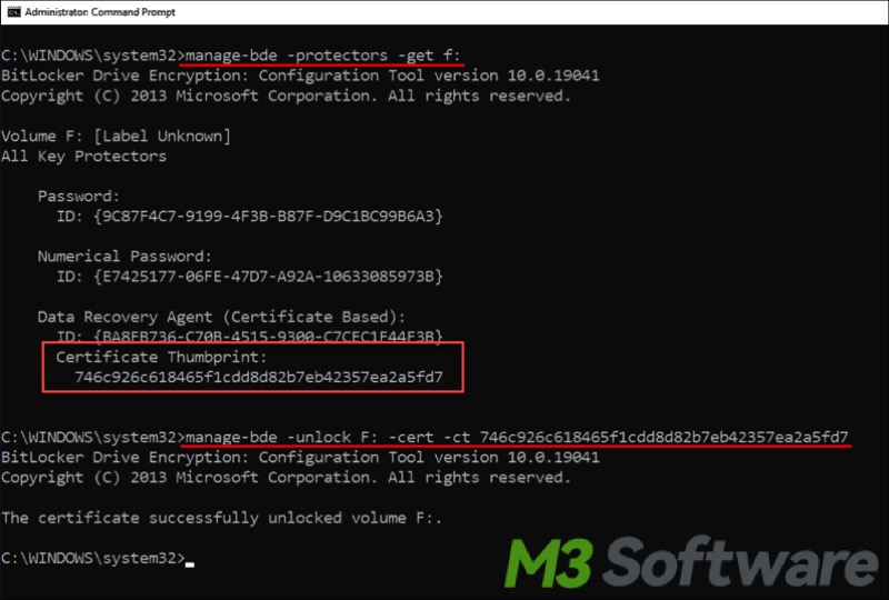 unlock BitLocker encrypted drive with certificate thumbprint