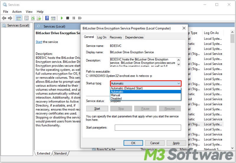 BitLocker encryption drive service startup type