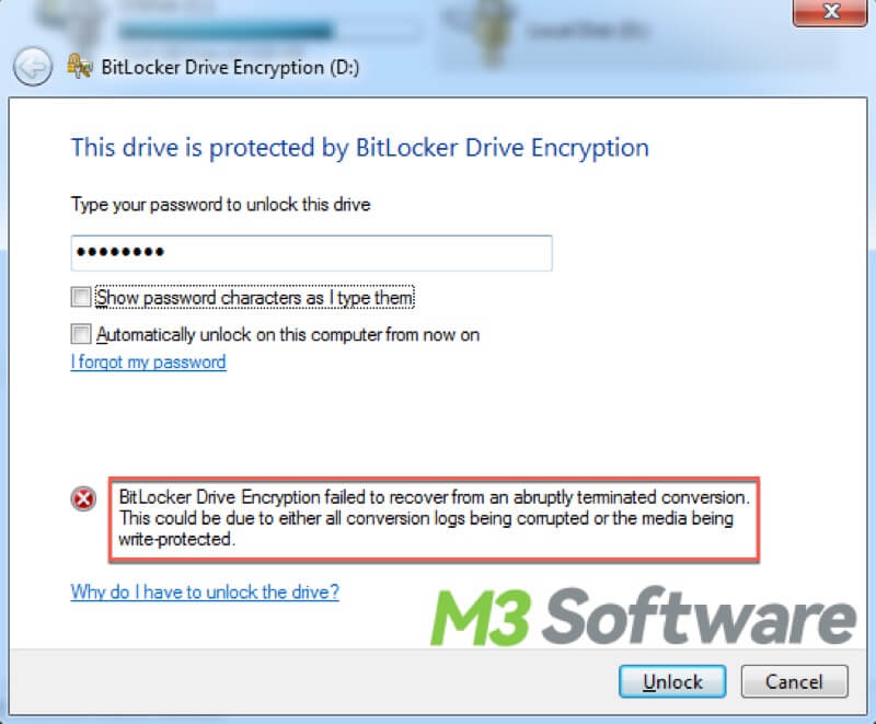 BitLocker drive encryption failed to recover from an abruptly terminated conversion