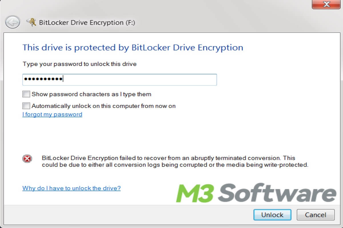 bitlocker drive encryption failed to recover from an abruptly terminated conversion