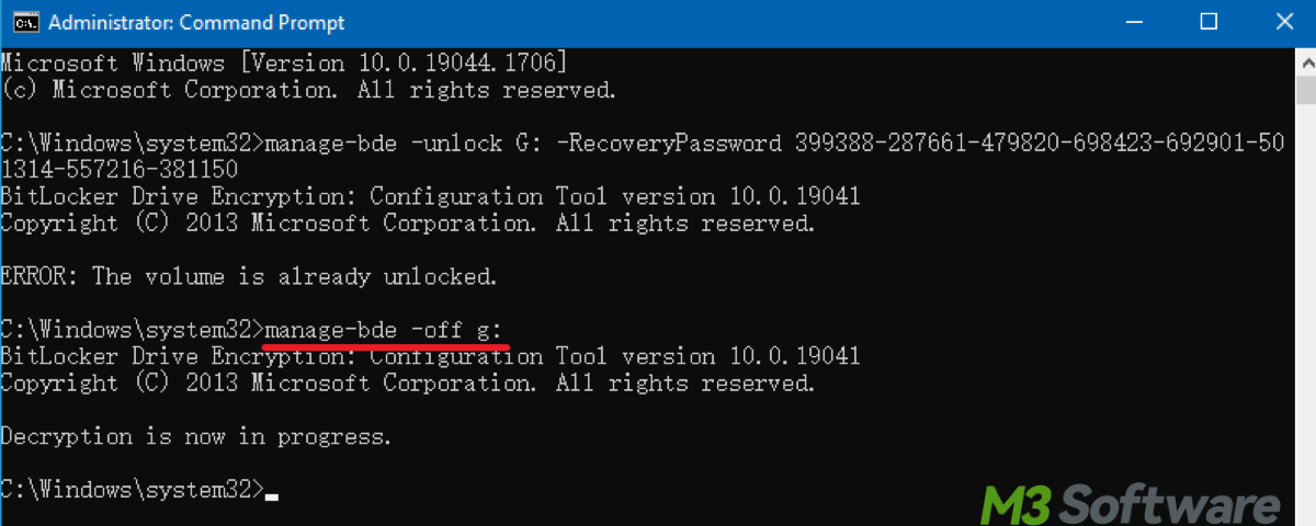 Turn off BitLocker Encryption using CMD