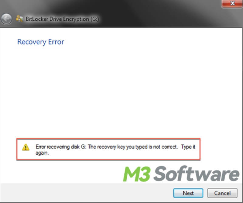 error recovering disk recovery key you entered is not correct