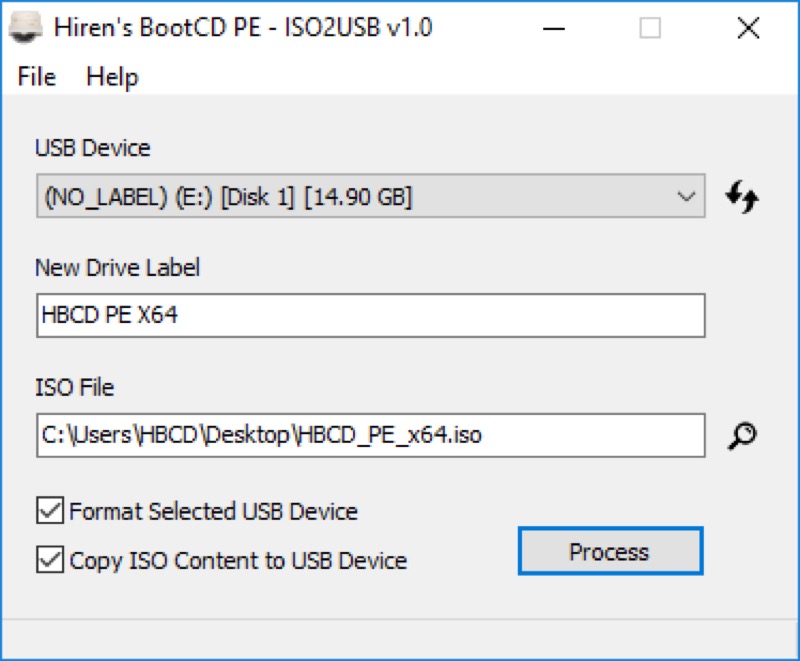 choose USB device and ISO in Hiren BootCD PE