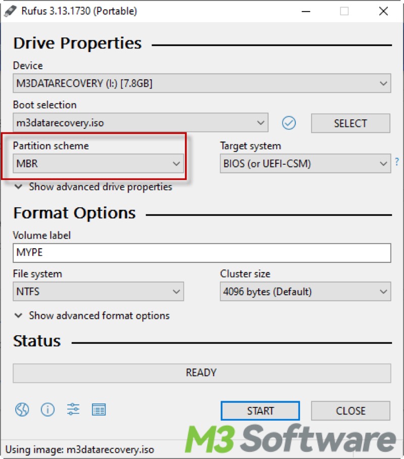 select MBR as partition scheme