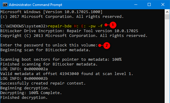 BitLocker Repair Tool command with password