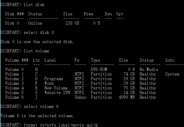 Format volume with diskpart command