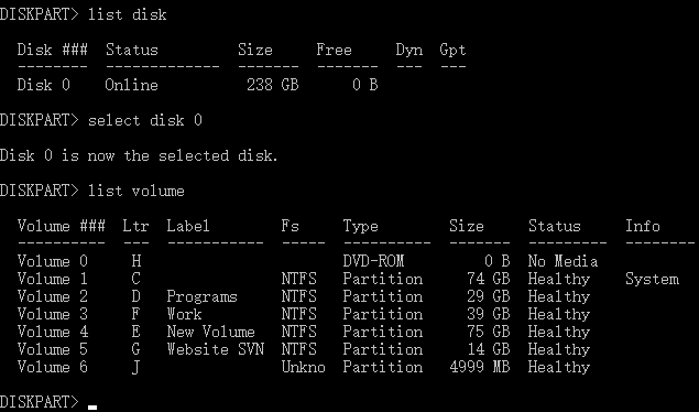 List volume with diskpart command