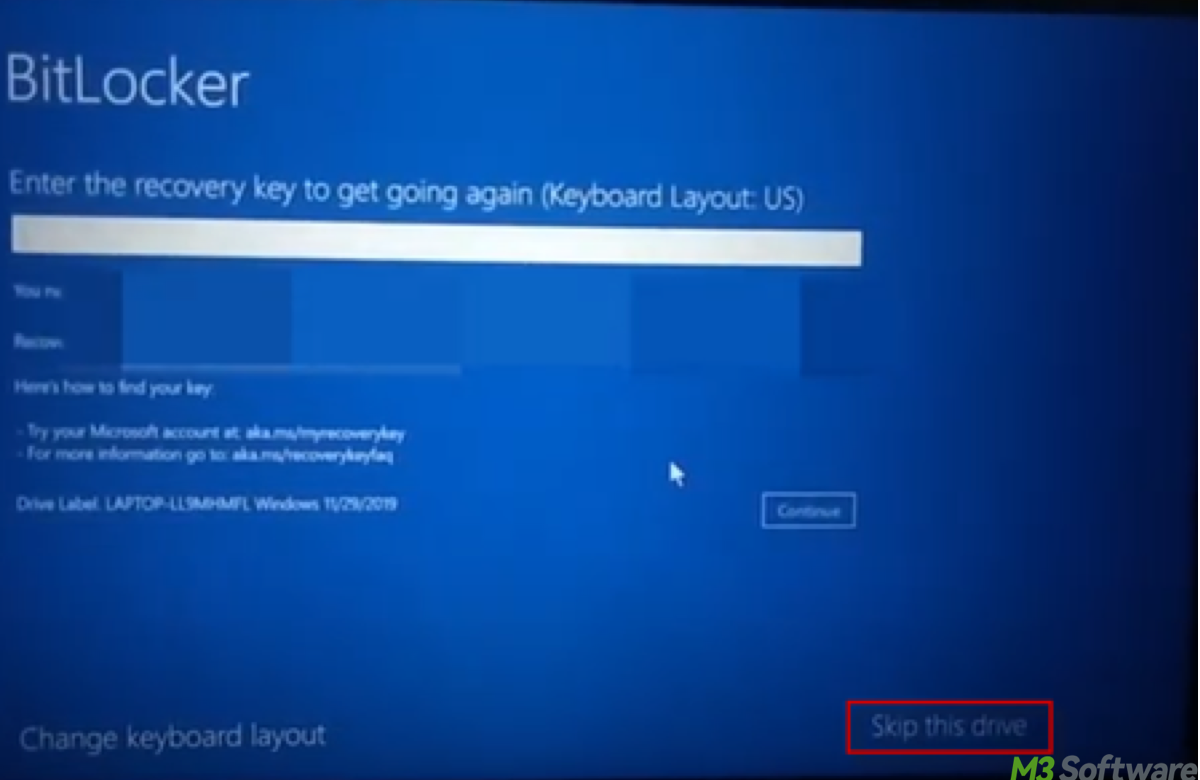 BitLocker recovery screen - skip this drive