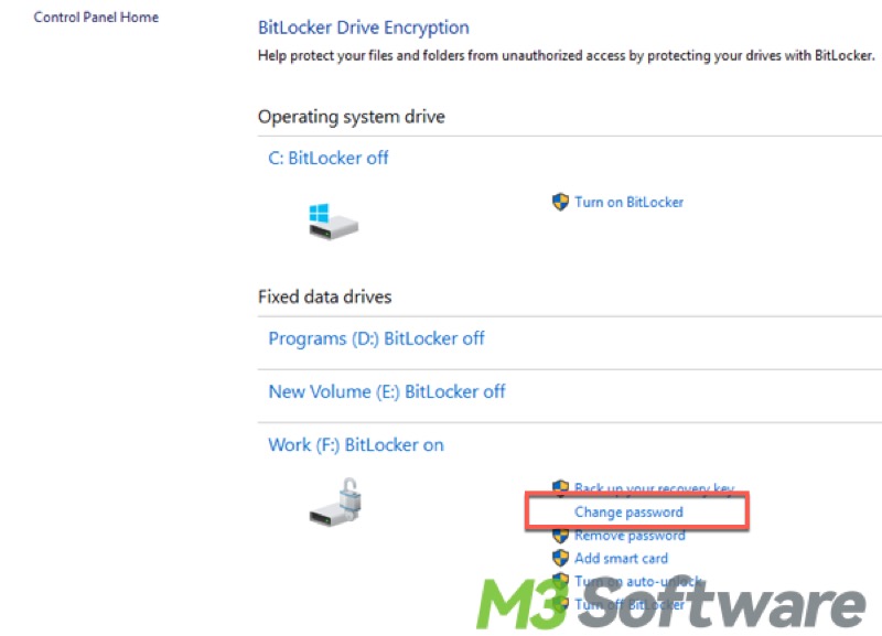 change BitLocker password via Control Panel