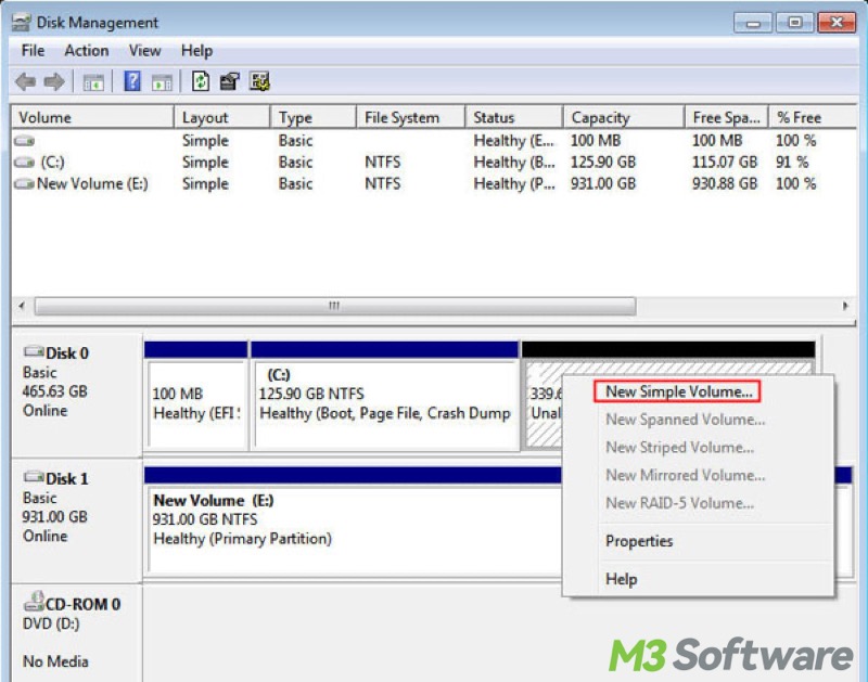 create a new simple volume in Disk Management