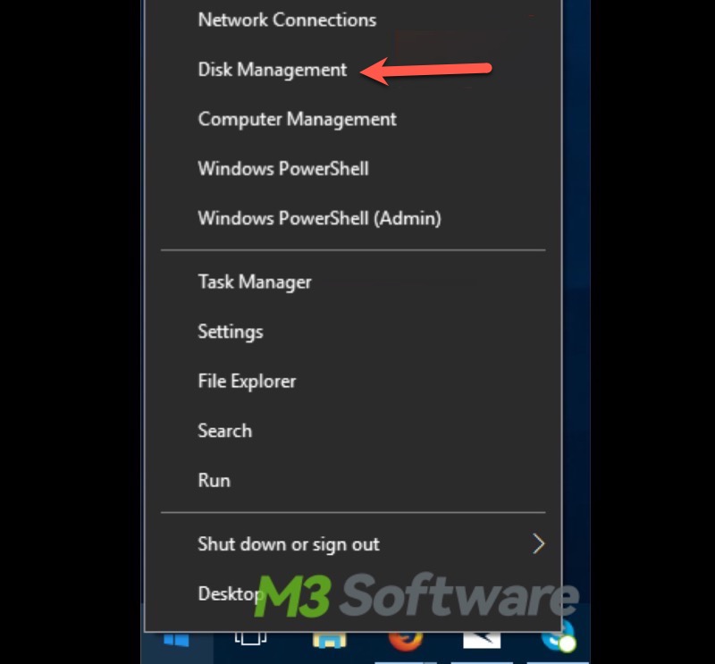 right click on Start menu to open Disk Management