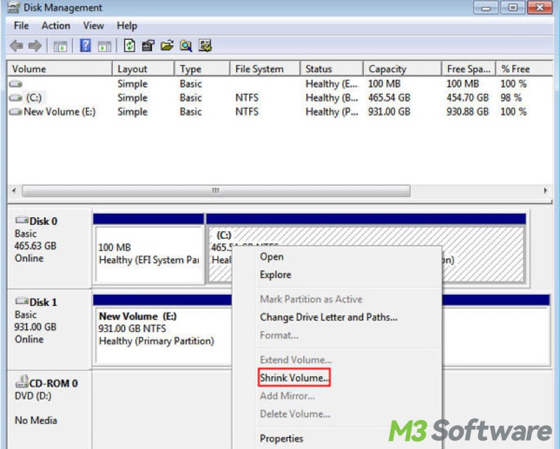 shrink volume in Disk Management