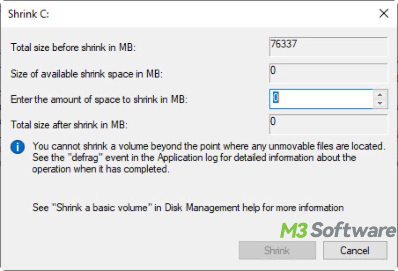 shrink volume in Disk Management