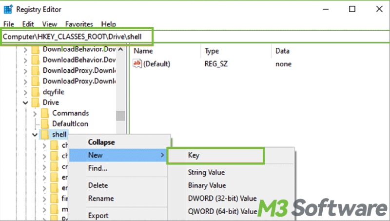 create new key in shell folder via Registry Editor