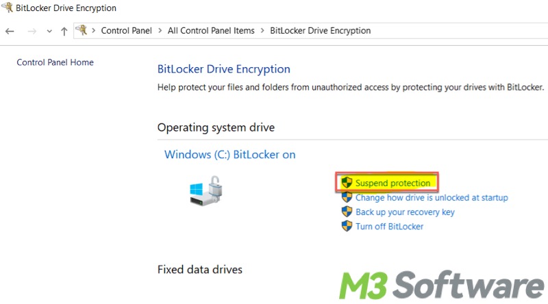 suspend BitLocker via BitLocker Drive Encryption panel