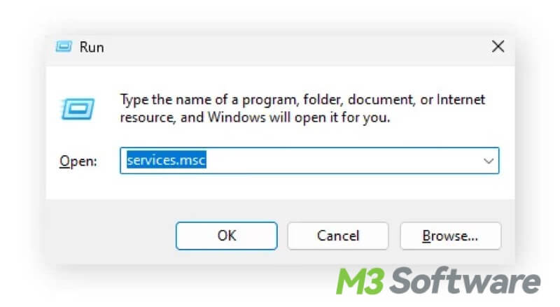 services msc in run dialog box