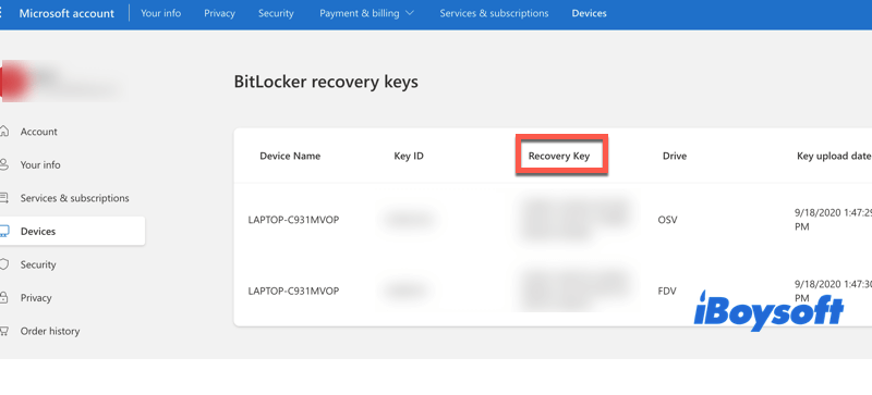BitLocker recovery keys in Microsoft account