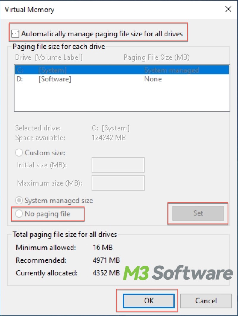 disable paging file on Windows