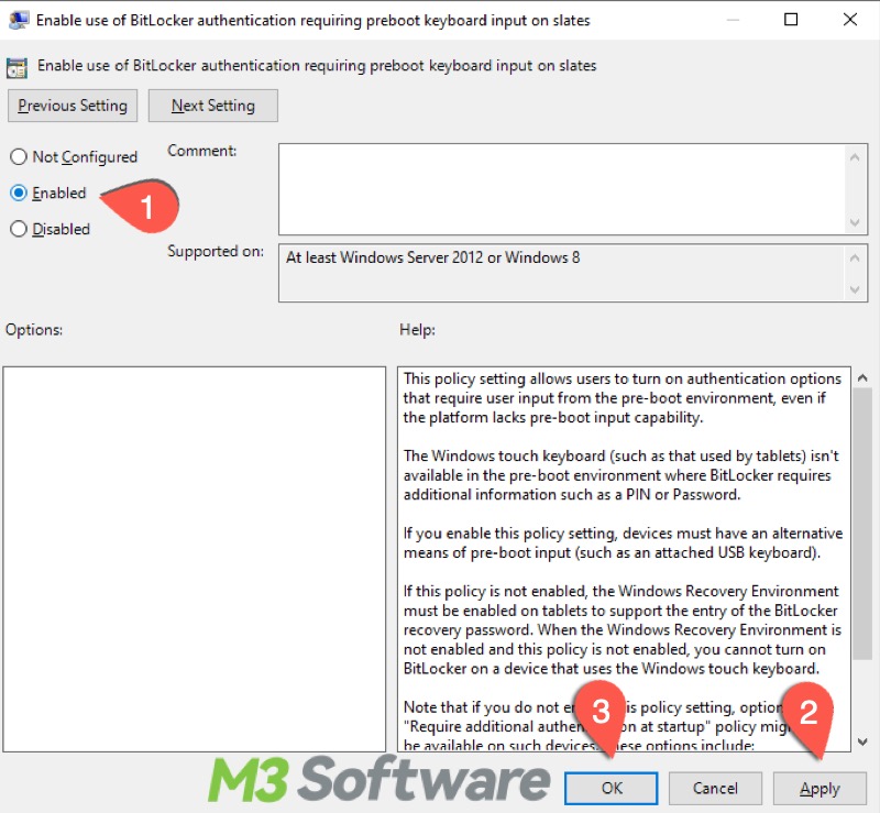 enable use of BitLocker authentication requiring preboot keyboard input on slates