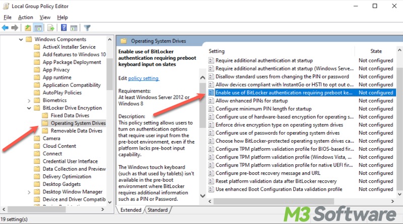 enable use of BitLocker authentication requiring preboot keyboard input on slates