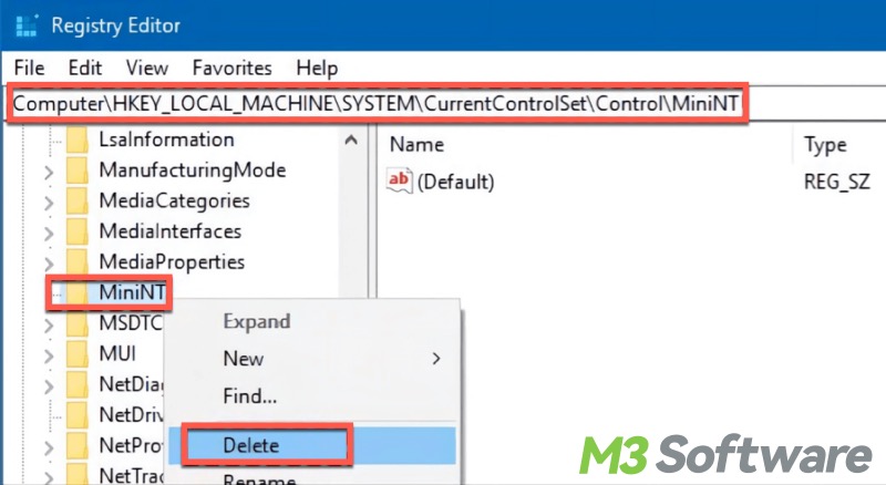 delete miniNT key in Registry Editor