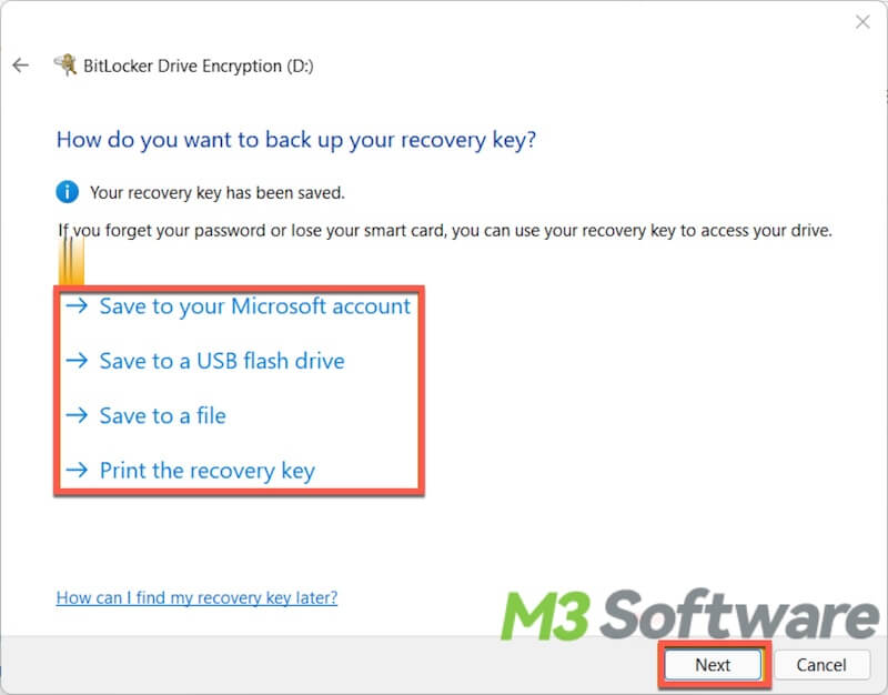 back up BitLocker recovery key in Windows 11