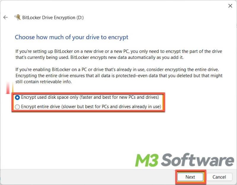 how much of the drive to encrypt with BitLocker in Windows 11