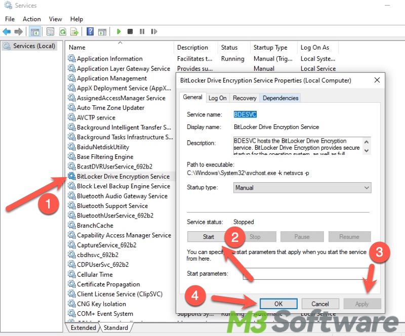 start BitLocker service in Services tool