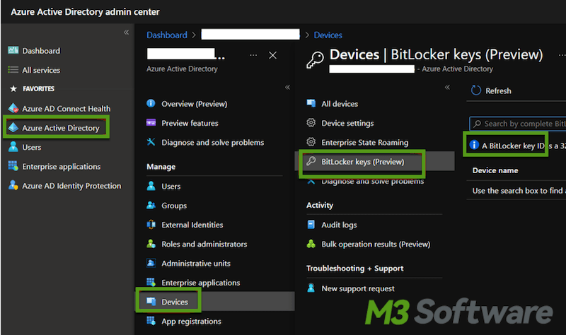 find BitLocker recovery key in azure active directory