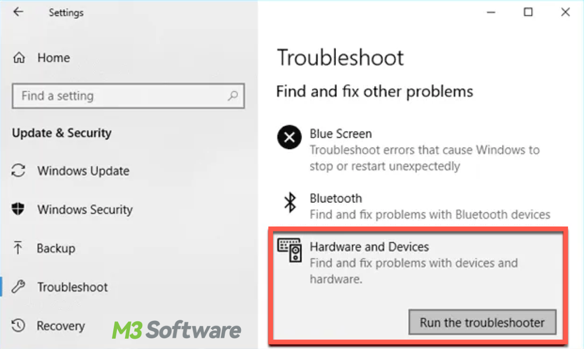 Hardware and Devices Troubleshooter in Windows