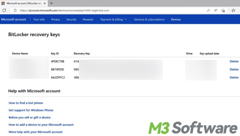 BitLocker recovery key in Microsoft Account