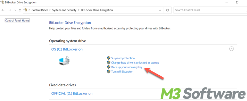 back up your BitLocker recovery key in BitLocker Drive Encryption panel