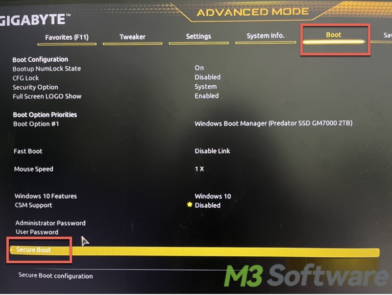 disable secure boot via BIOS