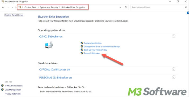 turn off BitLocker in Control Panel