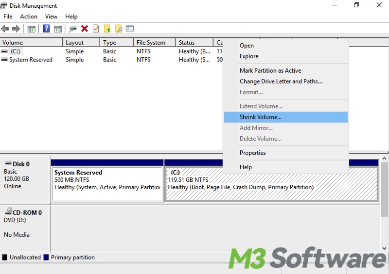 shrink volume in disk management