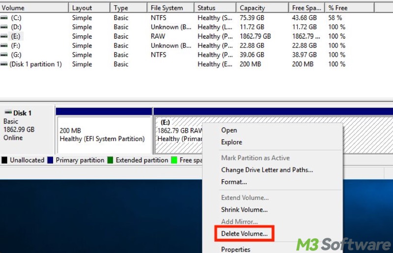 delete volume in Disk Management
