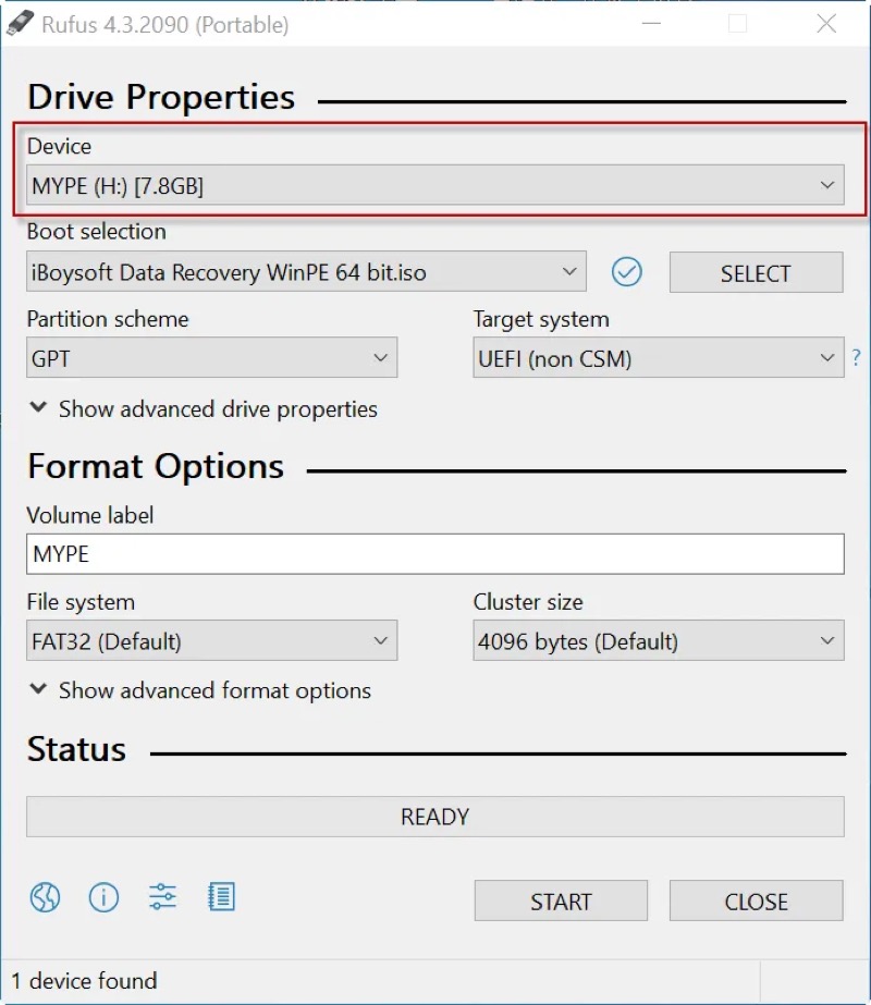 select a USB drive in rufus