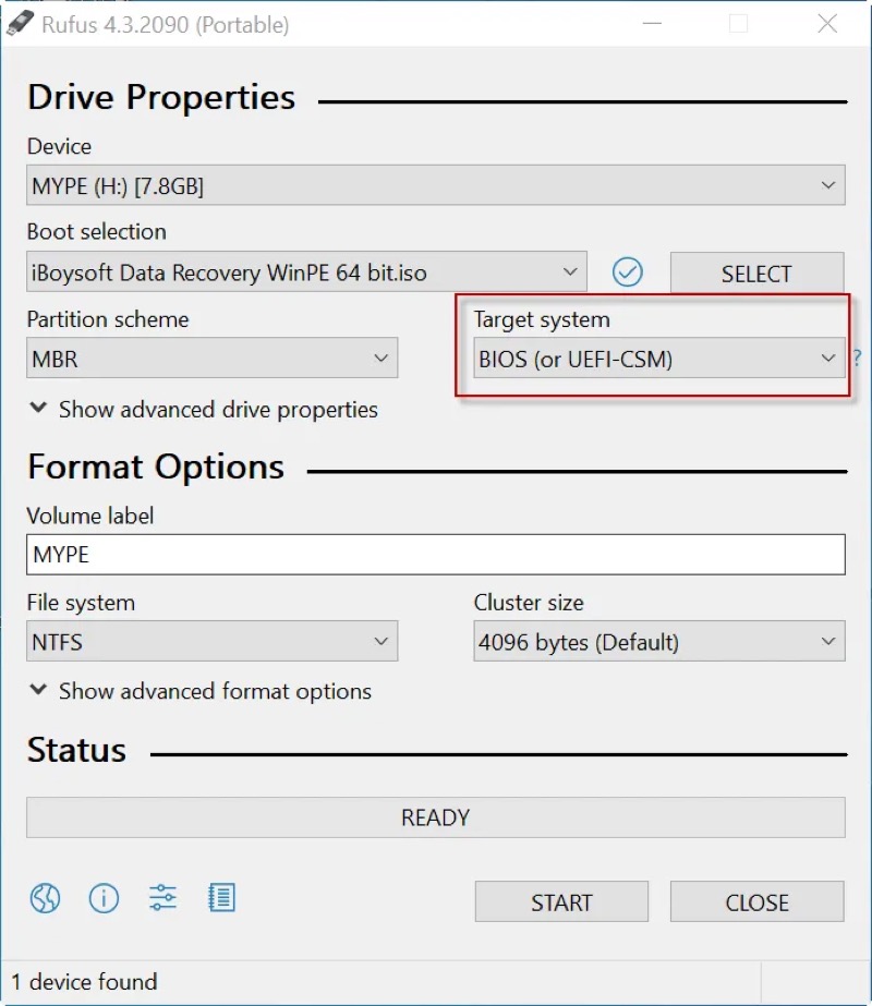 choose BIOS in rufus