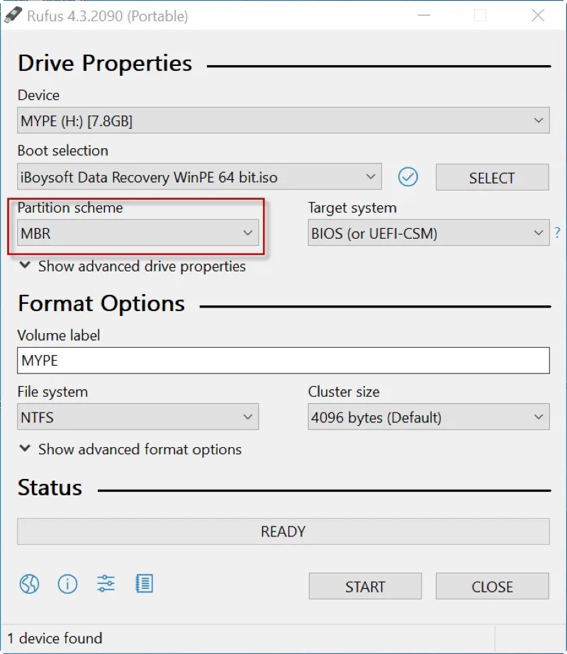 choose MBR partition scheme in rufus