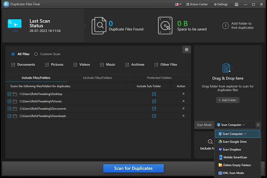 choose Duplicate Files Fixer Scan Mode