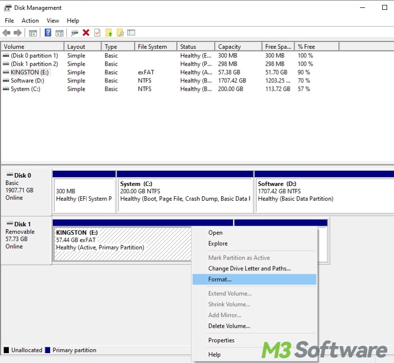 format RAW drive in Disk Management