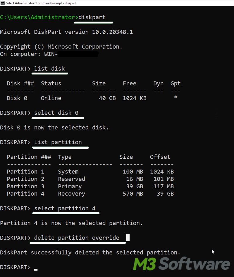 delete recovery partition in cmd Windows 10