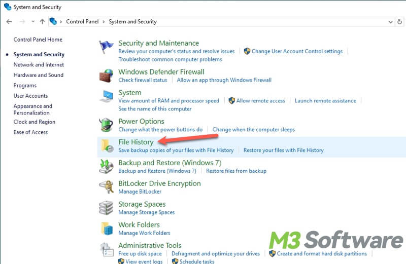 open File History in Control Panel