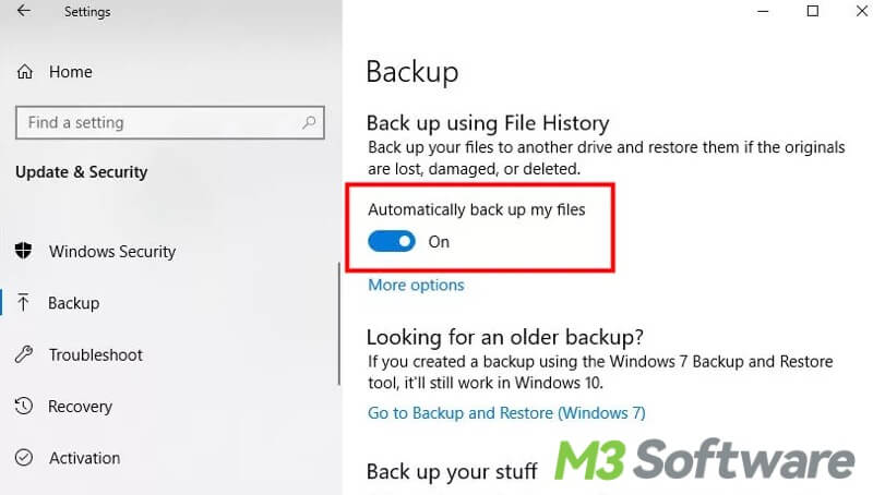 automatic backup in Update and Security Windows 10