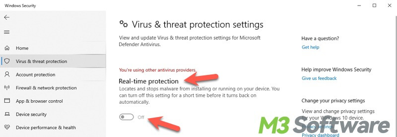 disable defender antivirus via settings on Windows