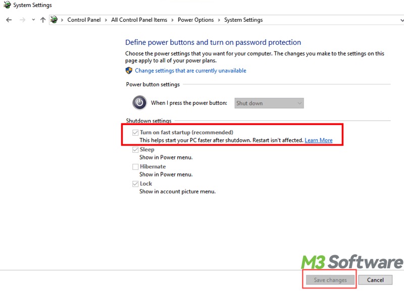 turn off Fast Startup in Control Panel